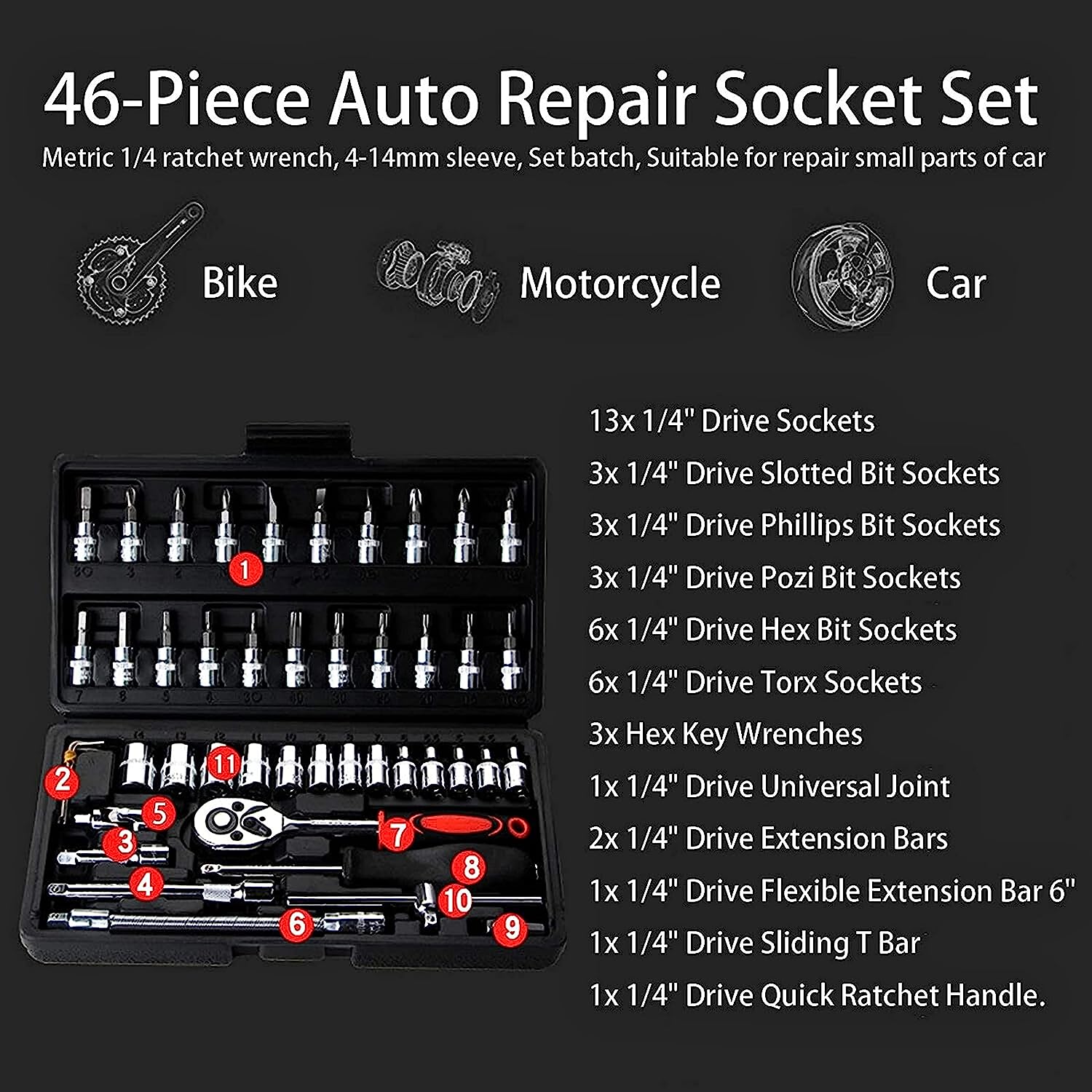 46 PCS Socket Wrench Set, Mechanic Tool Kit Quick-release Ratchet, 1/4  Drive Bit Metric Combination Tools for Auto Repairing & Household with  Storage