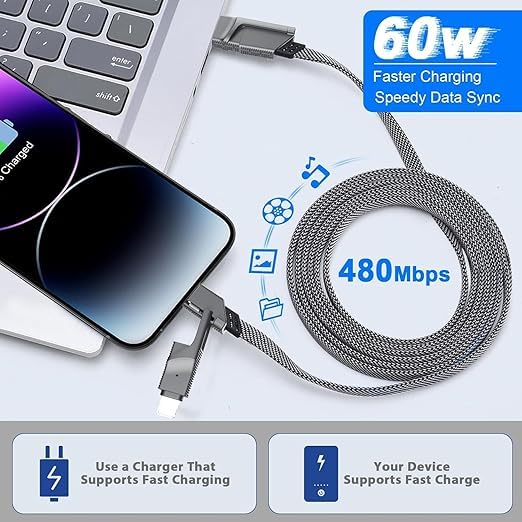 Fast Mobile Charging Cable 4 in 1 USB-A/USB-C To USB-C/Lightening