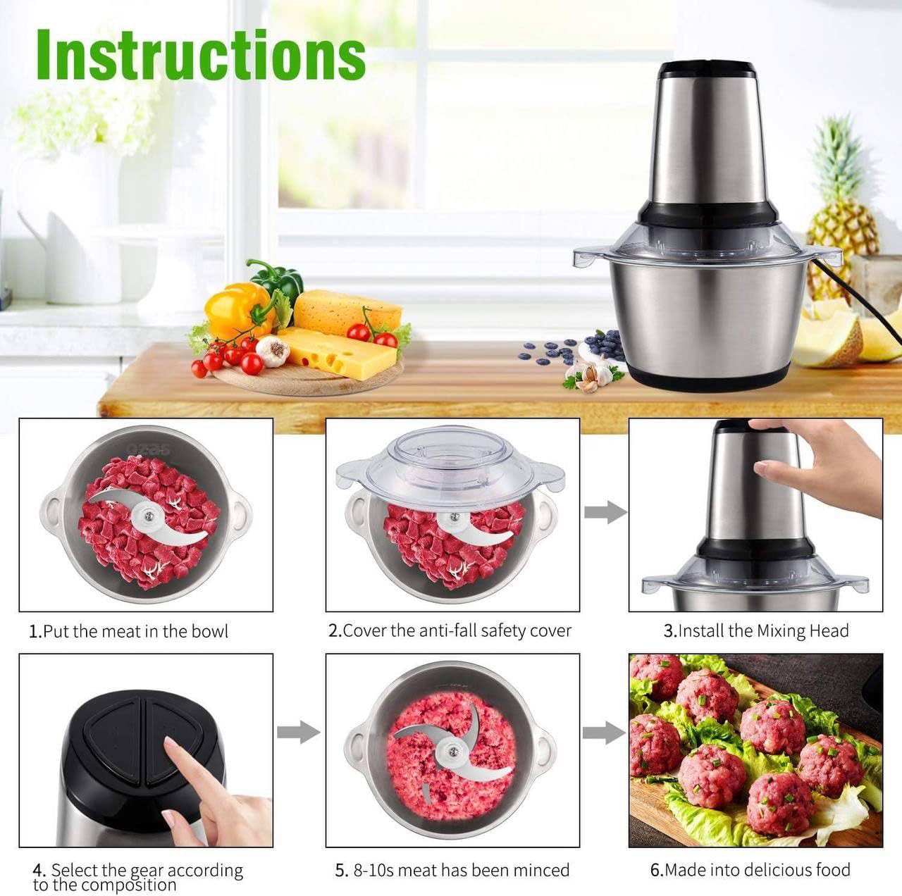 Stainless Steel Electric Meat Grinders with Bowl for Kitchen Food Chopper