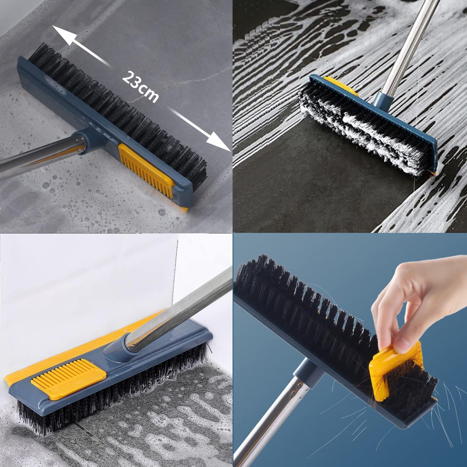 Fancy 2 in 1 Floor Brush Scrub Brush with Long Handle, Bathroom Kitchen Floor Crevice Cleaning Brush with Squeegee, 120 Rotating Removable Brush Head