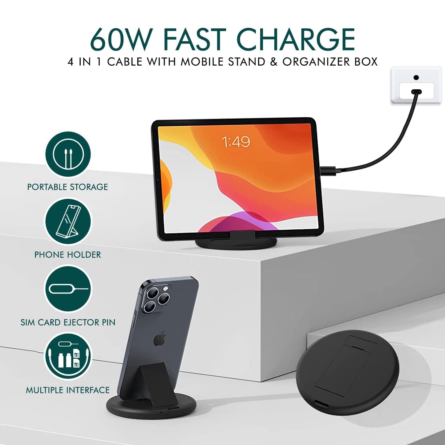 Type C | Android | iphone cable60W USB Fast Charging Travel Cable